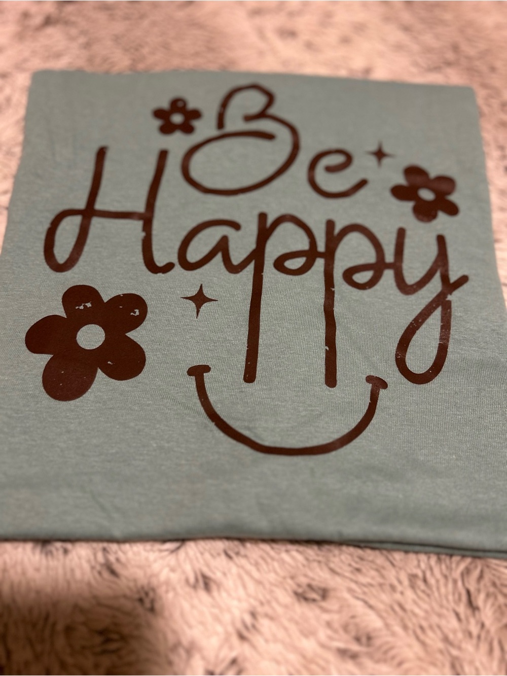 Gildan Teal Short Sleeve Tee with Brown "Be Happy" Graphic